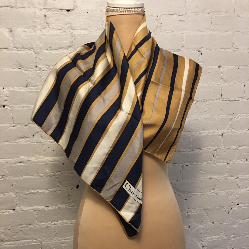 Christian Dior silk head or neck scarf gold navy stripe square